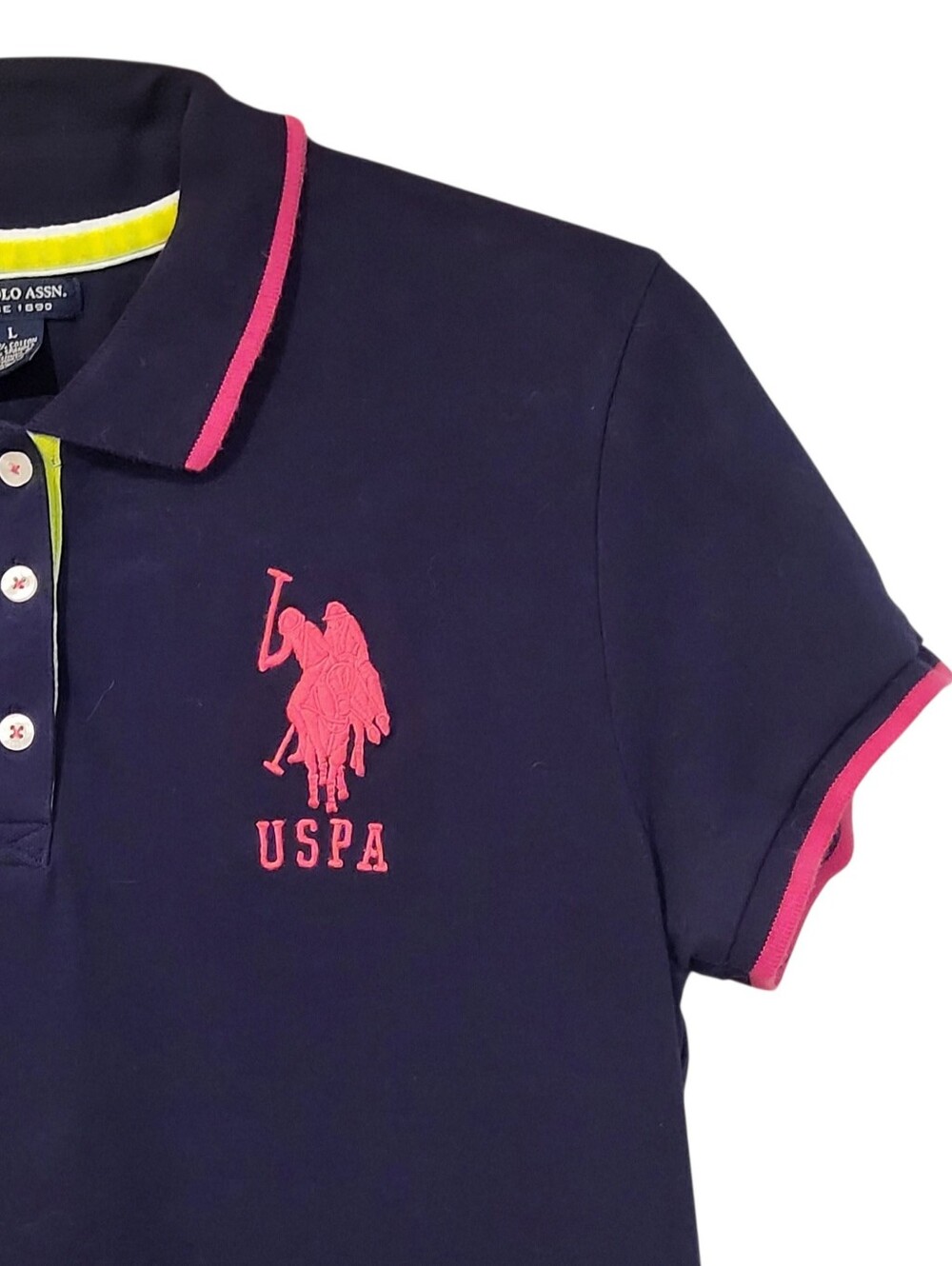 NWOT U.S. Polo Assn. TRIPLE CROWN Navy Polo Mini Dress. Pink Yellow Accents Sz L